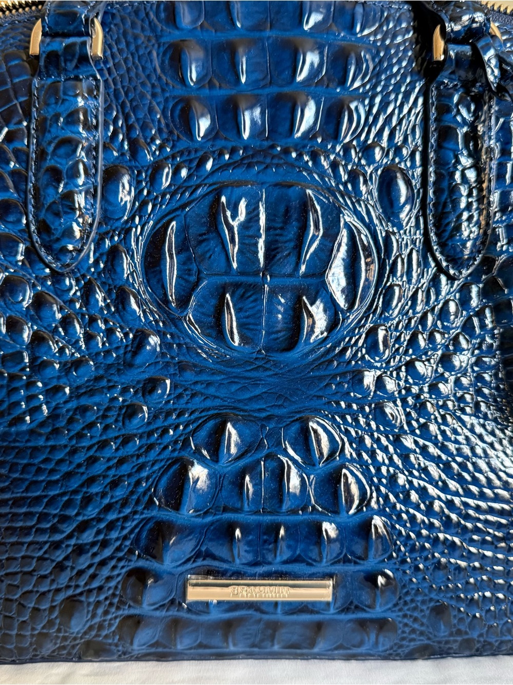 Brahmin Shiny Blue Croc-Embossed Tote with Gold Accents
